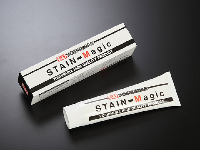 Yoshimura Stenmagic เป็นน้ำยาทำความสะอาดที่ขัดท่อไอเสียสเตนเลสสตีล ที่เผาด้วยความร้อนของครีม ผลลัพท์ทำให้เหมือนกับเป็นของใหม่ 120g x 6หลอด