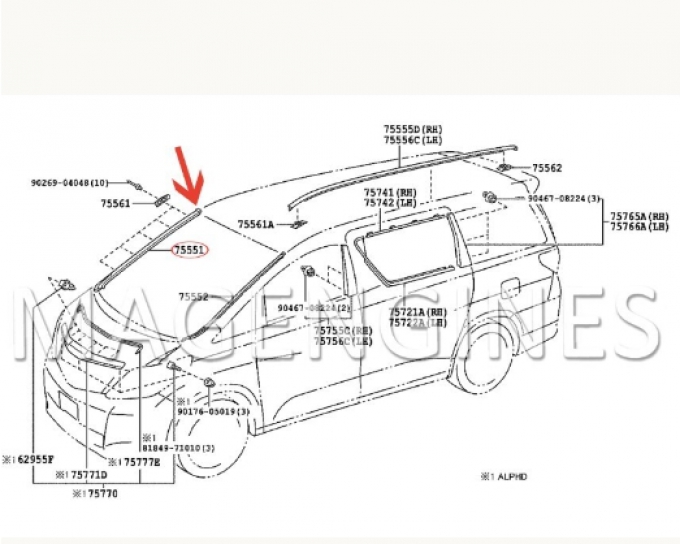 20 series Alphard Vellfire ชุดคิ้วบังลมข้างซ้ายและขวา (Pre-order product, takes 25-30 days by ship)