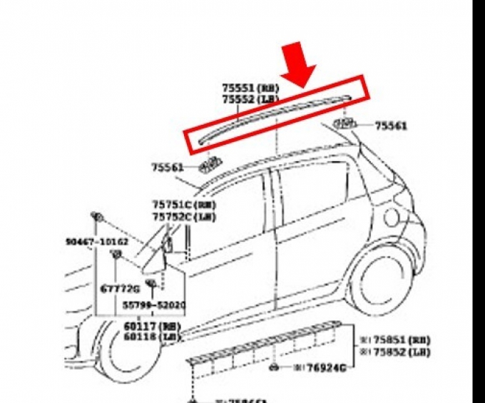 Toyota Vitz KSP130/NSP13#/NLP130/NHP130/NCP131 อะไหล่แท้ใหม่ยังไม่ได้ใช้ Toyota Vitz คิ้วหลังคาซ้ายและขวา (Pre-order product, takes 25-30 days by ship)